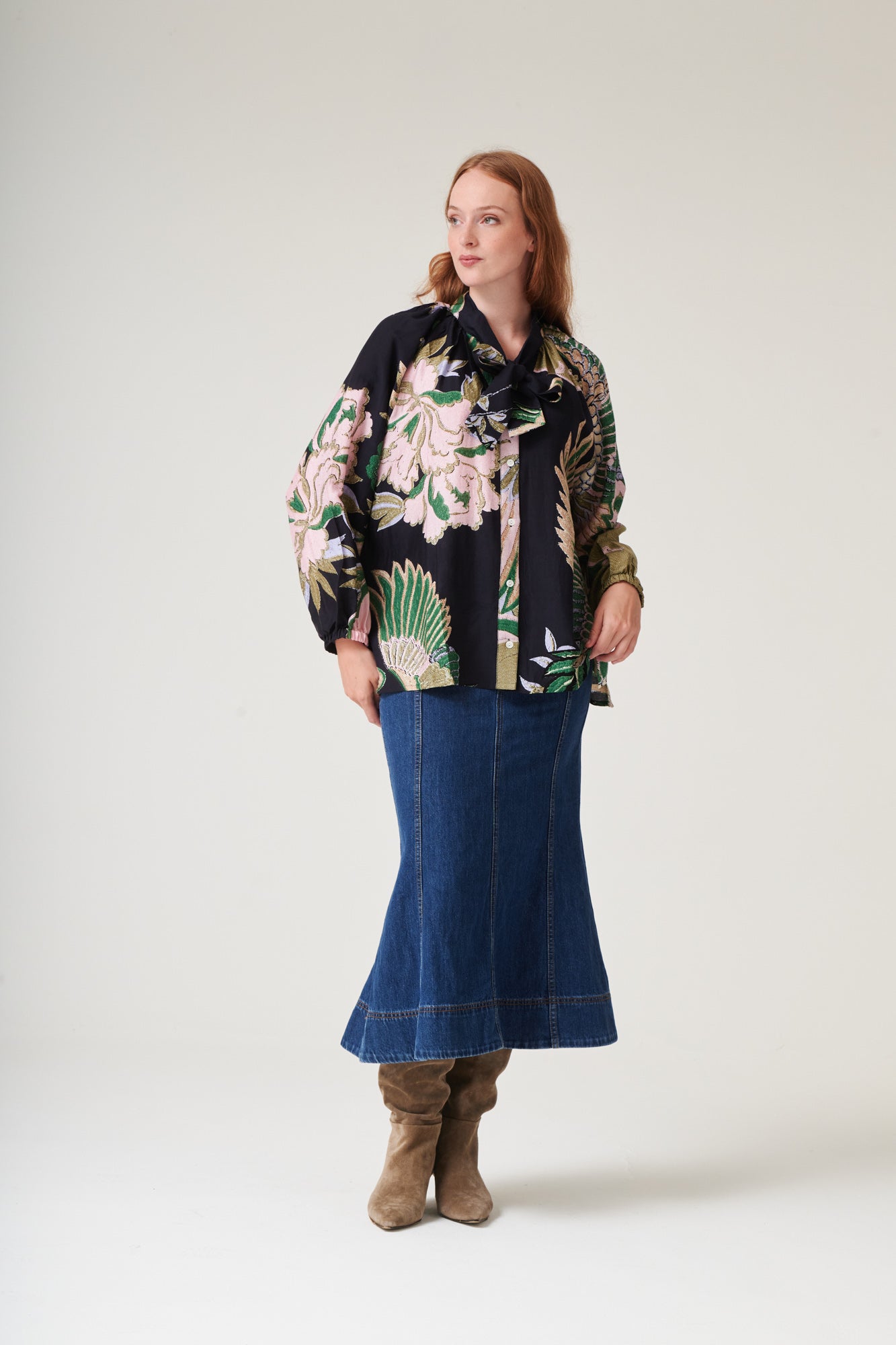 One Hundred Stars Crane Emerald Pussy Bow Blouse