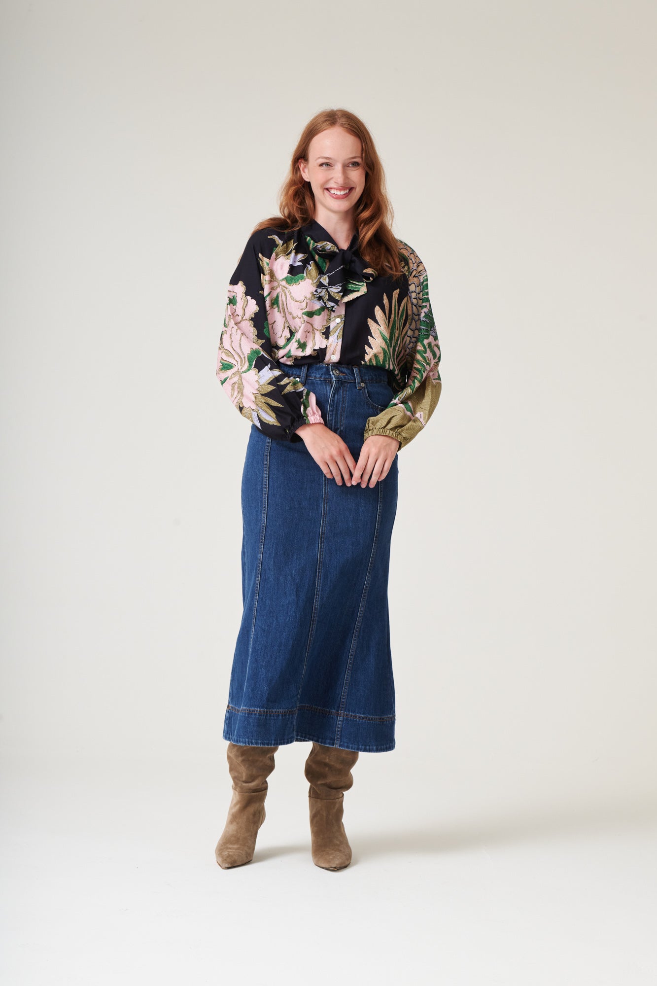 One Hundred Stars Crane Emerald Pussy Bow Blouse