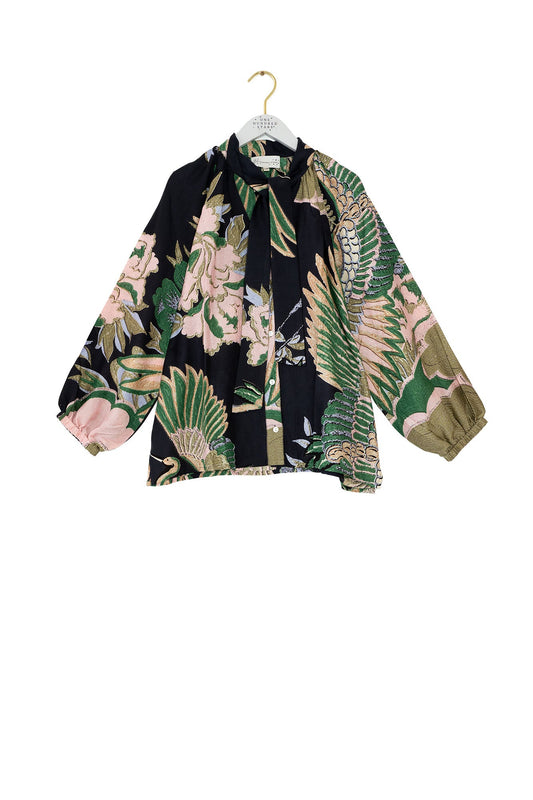 One Hundred Stars Crane Emerald Pussy Bow Blouse