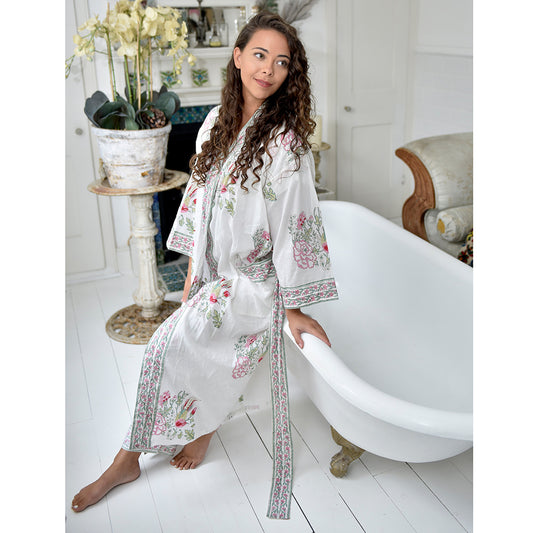 Powell Craft cotton dressing gown in one size in white with bright flowers