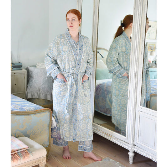 Powell  Craft Cornflower Dressing Gown in a soft Grey and white floral print 