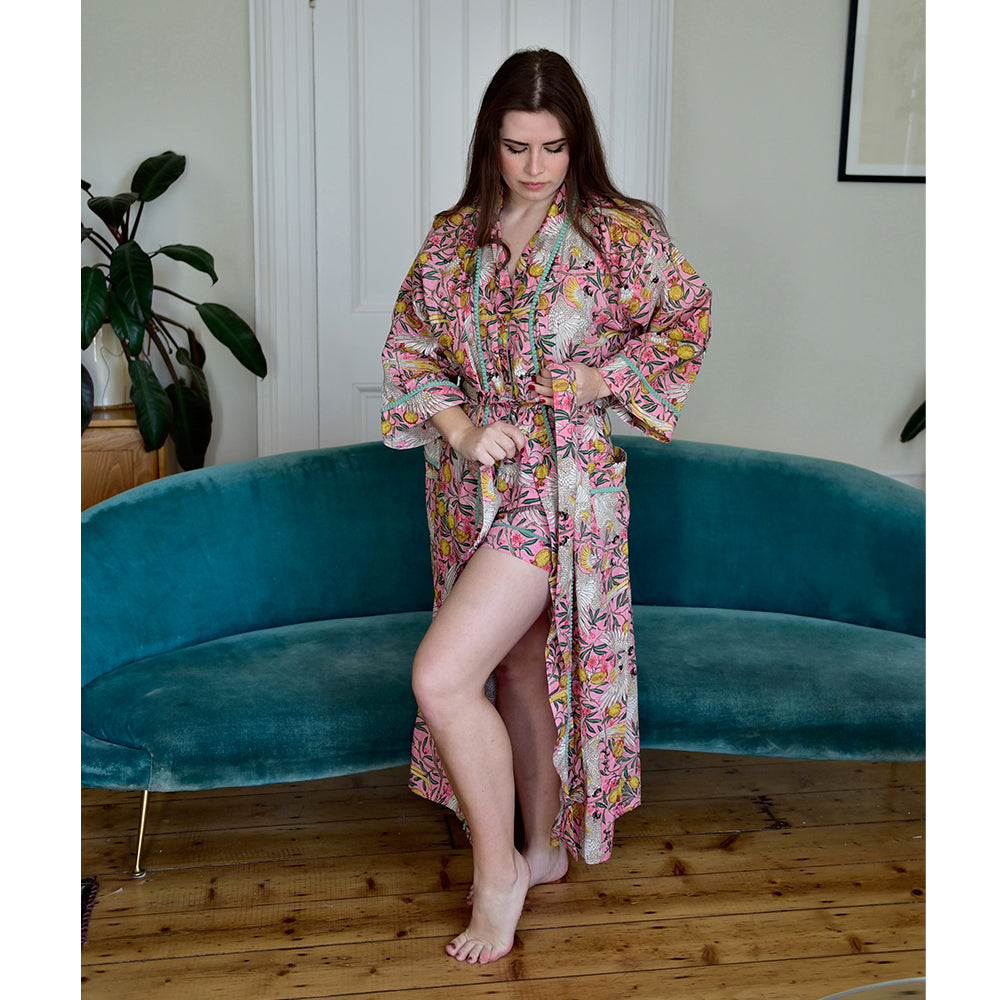 Powell Craft Pink Tropical Bird & Pomegranate Print Dressing Gown
