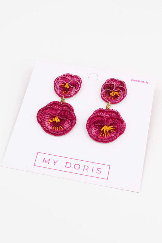 My Doris Double Dark Pink Pansy Beaded Flower Earrings