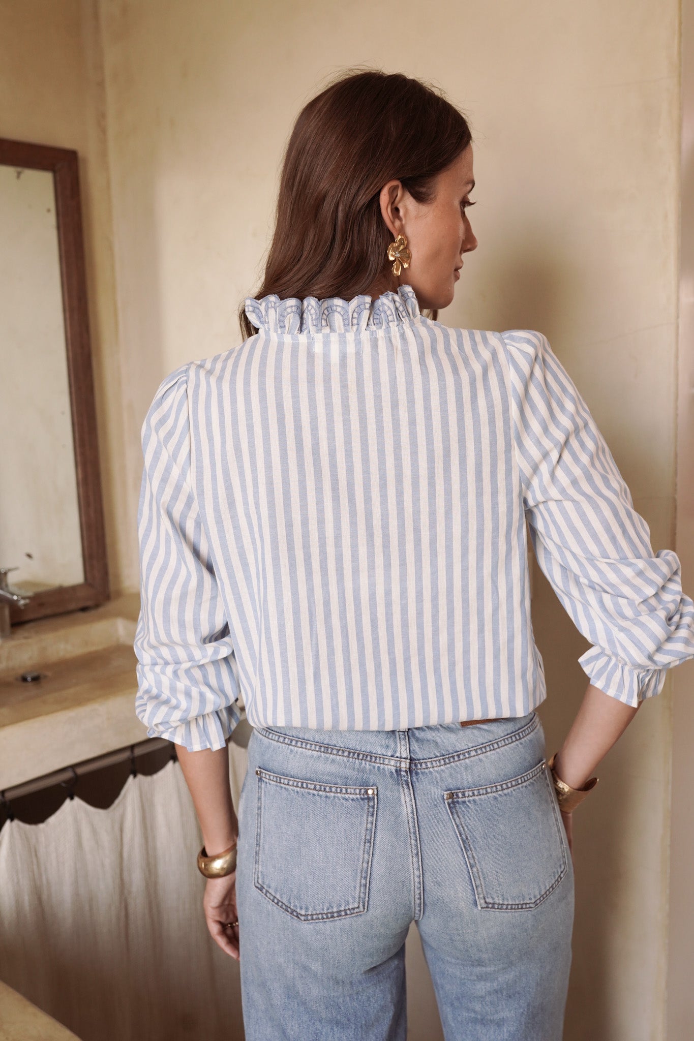Ottie Striped Blouse with embroidred Ruffle Detail