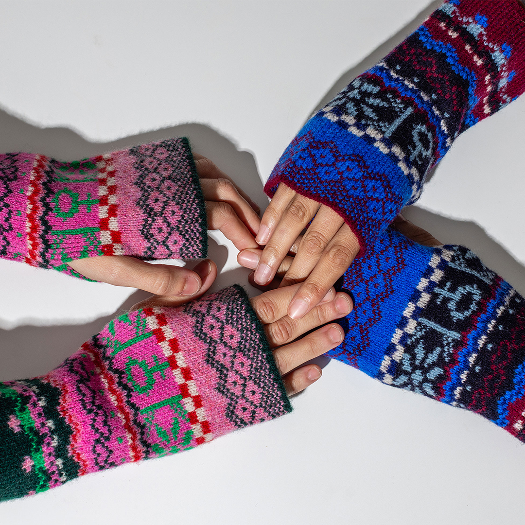 Black & Beech Fairisle Wrist Warmers in Bubblegum