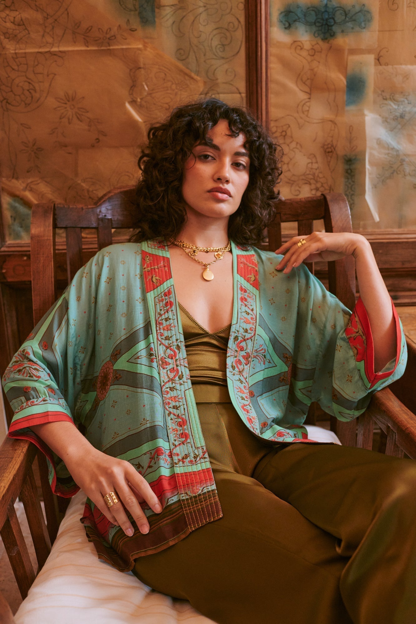 One Hundred Stars Fleur De Lys Aqua Kimono