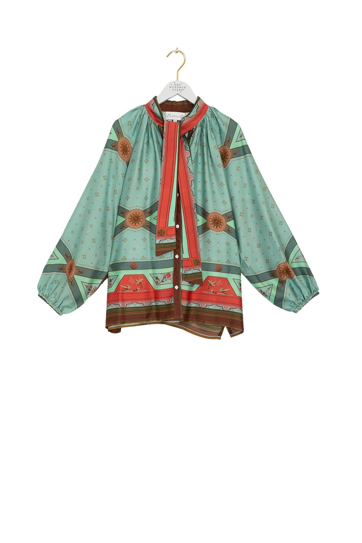 One Hundred Stars Fleur De Lys Aqua Pussy Bow Blouse