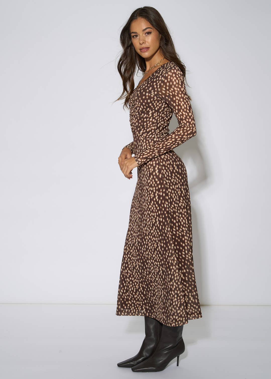 Gini London Brown Animal Mesh Ruched Front Midaxi Dress