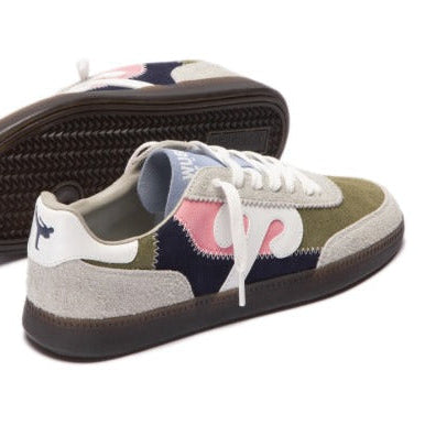 Multicolored sneaker with patterned design on a white background