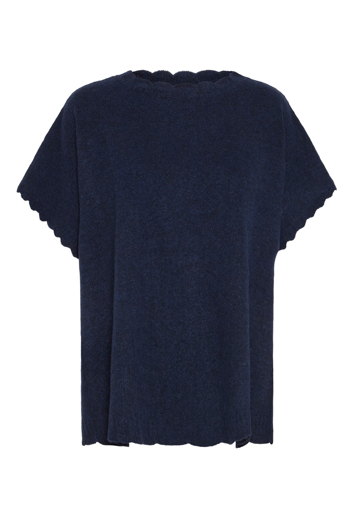 ICHI Macha Poncho in Total Eclipse. Navy blue t-shirt with scalloped sleeves on a white background