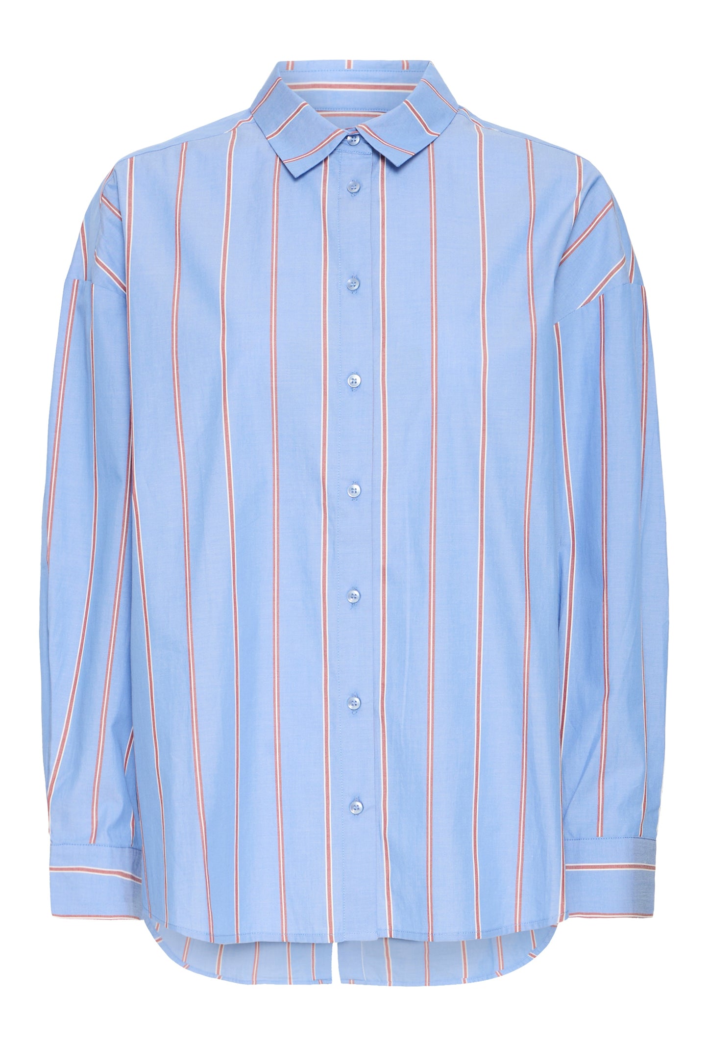ICHI Sadia Shirt 2 in Blue Yonder Stripe. Light blue shirt with vertical orange stripes on a white background