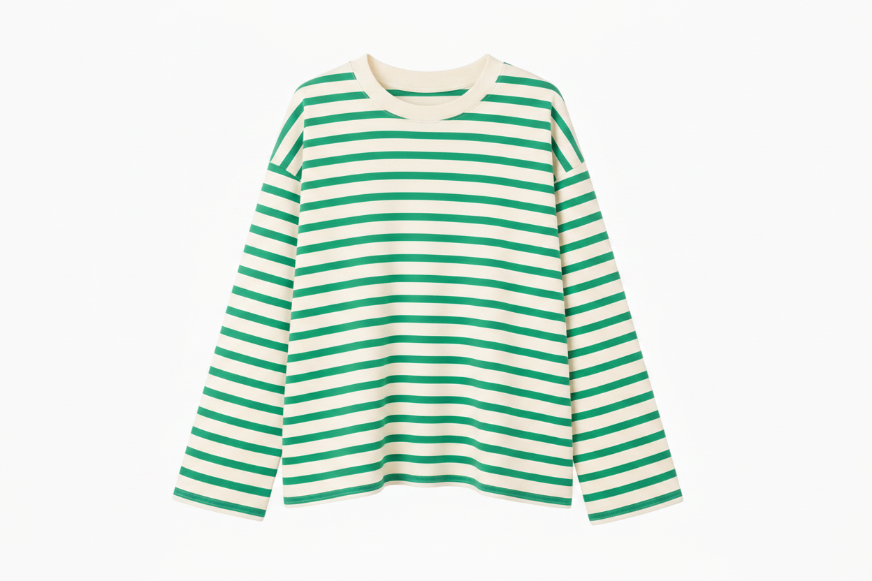 Green and white striped long-sleeve shirt on a white background