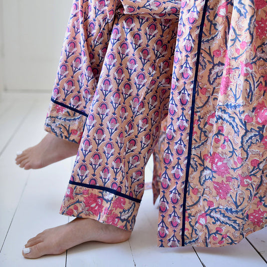 Powell Craft Apricot, Navy & Persian Red Mixed Block Print Dressing Gown