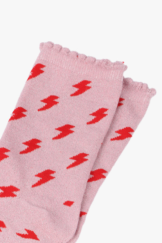 Women's Glitter Socks - Pink/Red, Lightning Bolts