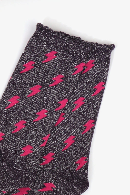 Women's Glitter Socks - Navy Blue/Pink, Lightning Bolts