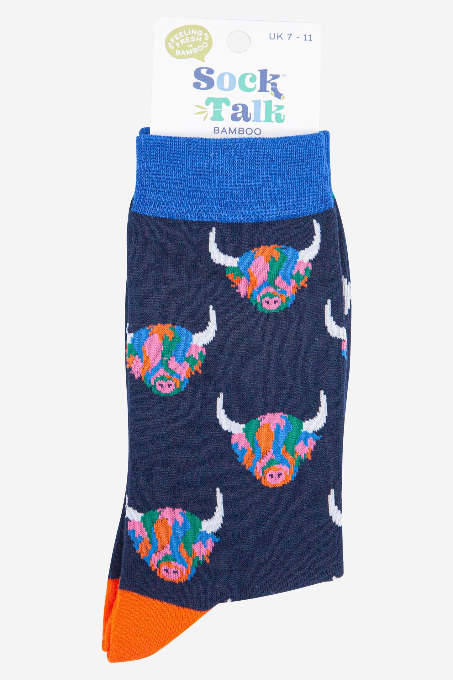 Men's Bamboo Socks - Navy Blue/Rainbow, Highland Cow