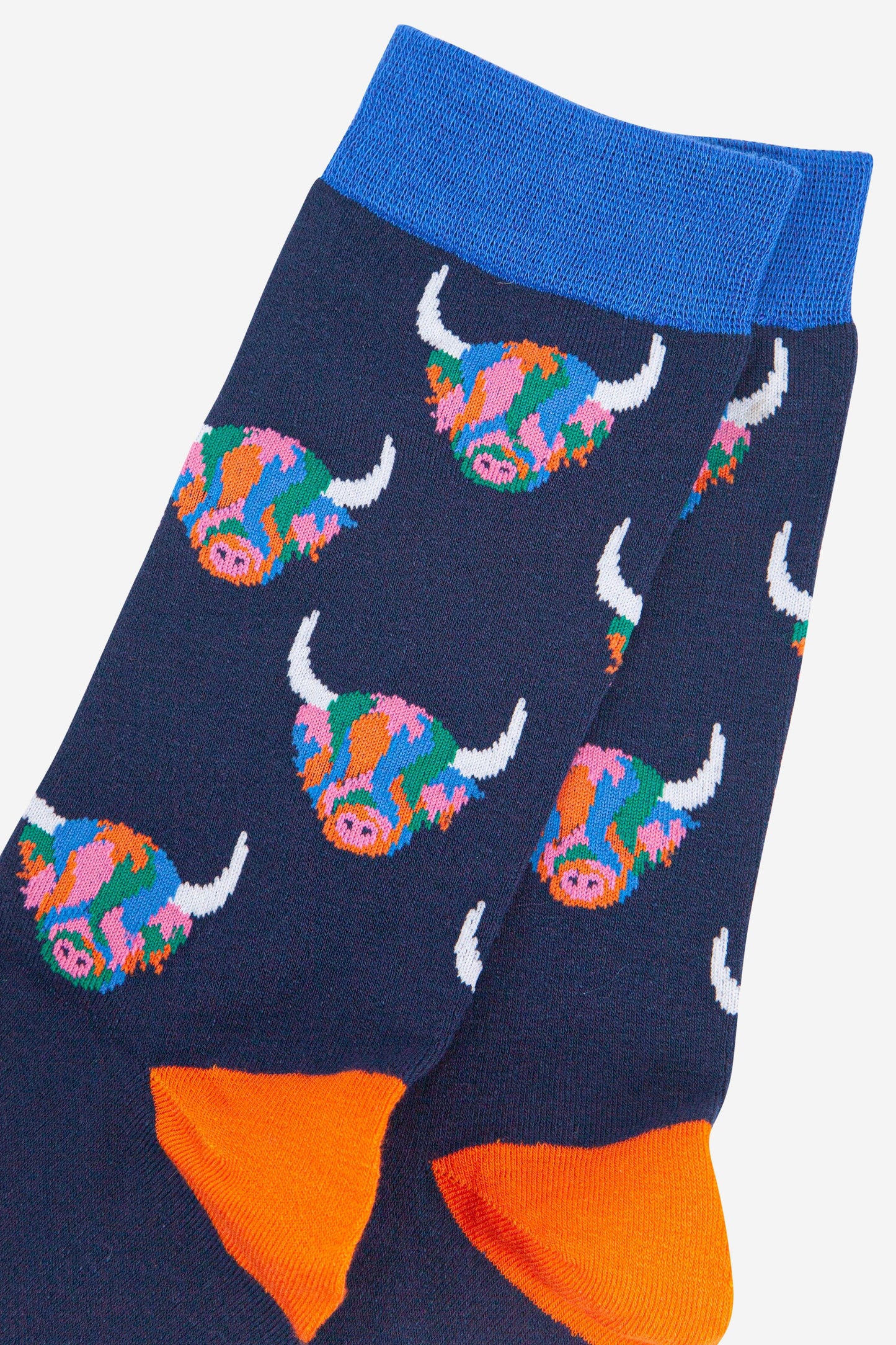 Men's Bamboo Socks - Navy Blue/Rainbow, Highland Cow