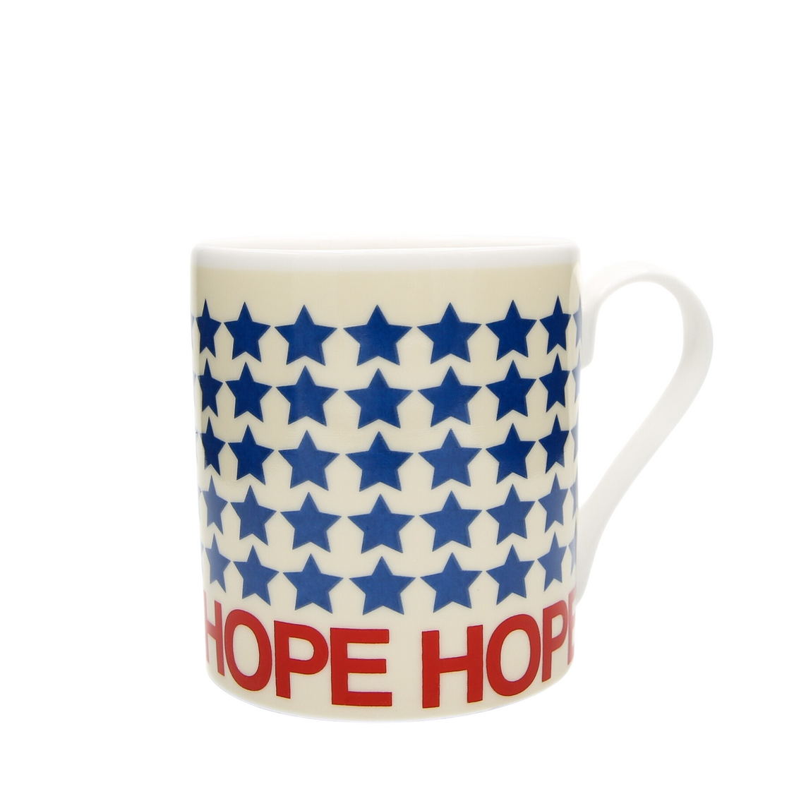 Mug with blue star pattern and red text on a white background
