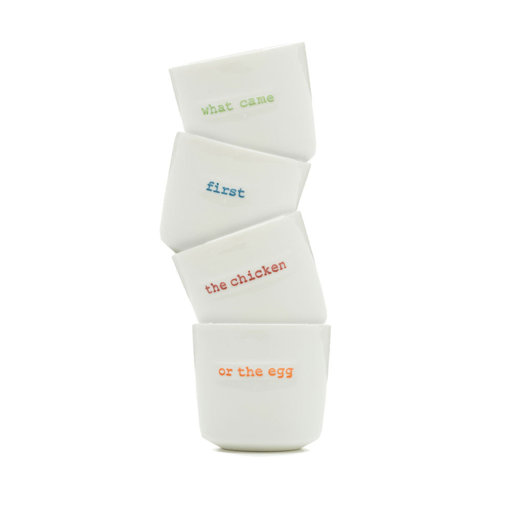 Stack of white containers with text on a white background