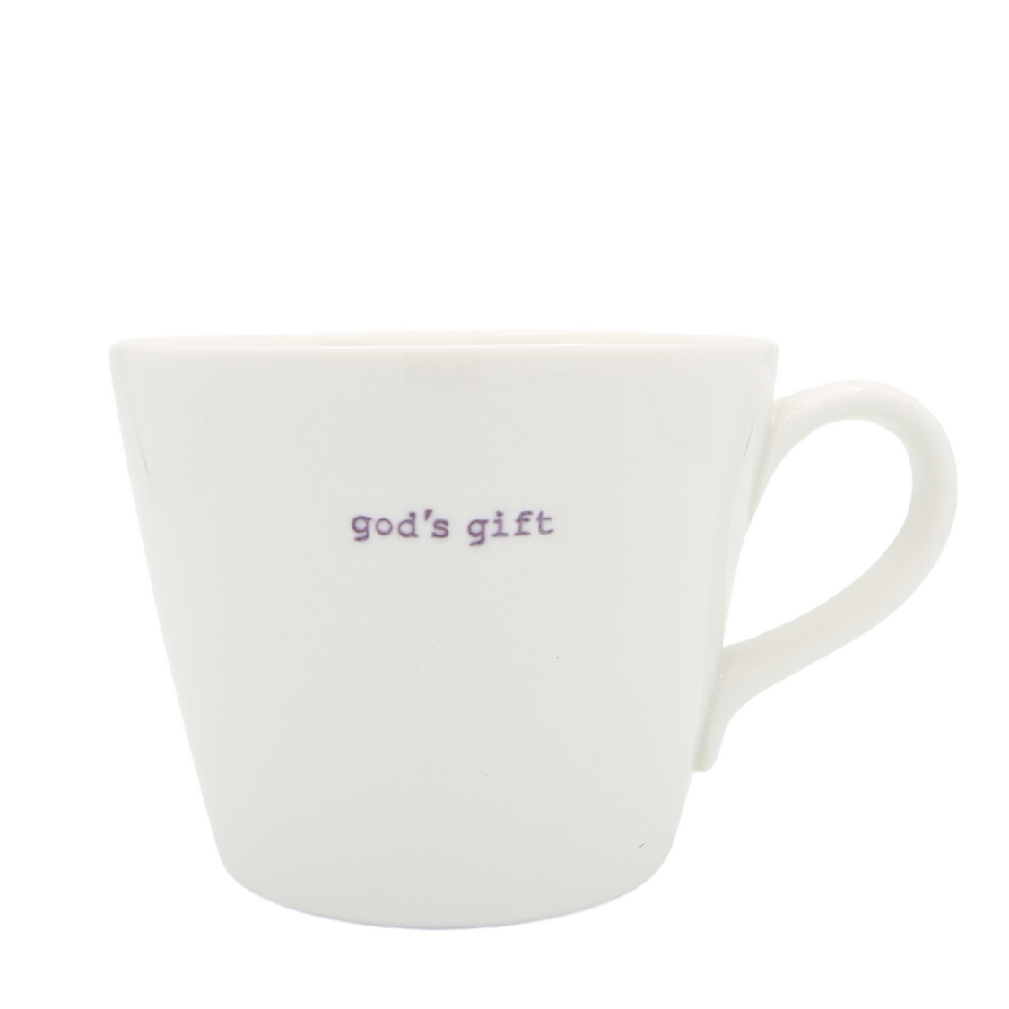 White mug with 'god's gift' text on a white background