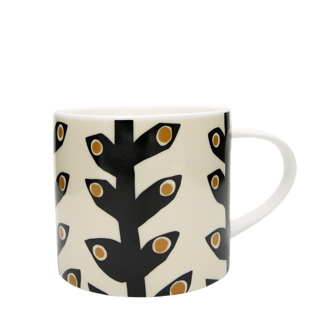 Mug with black and orange abstract pattern on a white background