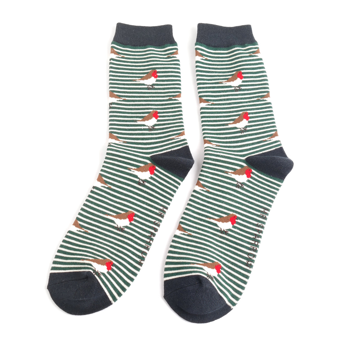 Miss Sparrow Robins on Stripes Socks Green