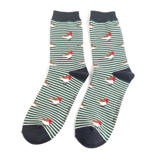 Miss Sparrow Robins on Stripes Socks Green
