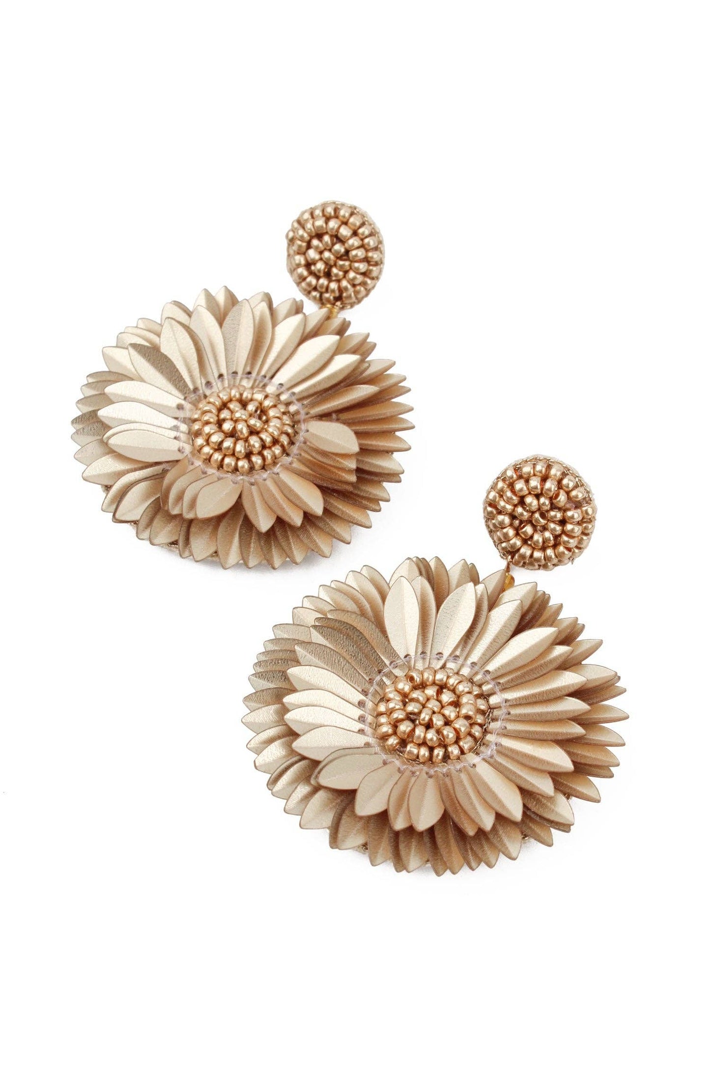 My Doris Gold Full Petal Flower Earrings - Pair of beige floral earrings on a white background