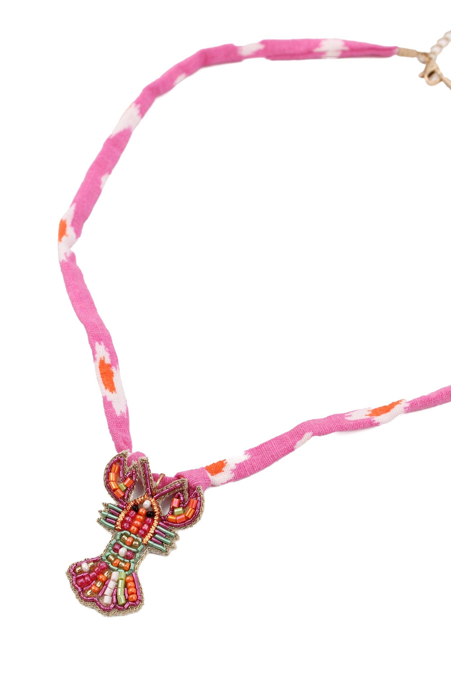 My Doris Necklace with colourful beaded pendant on a pink and white striped cord against a white background