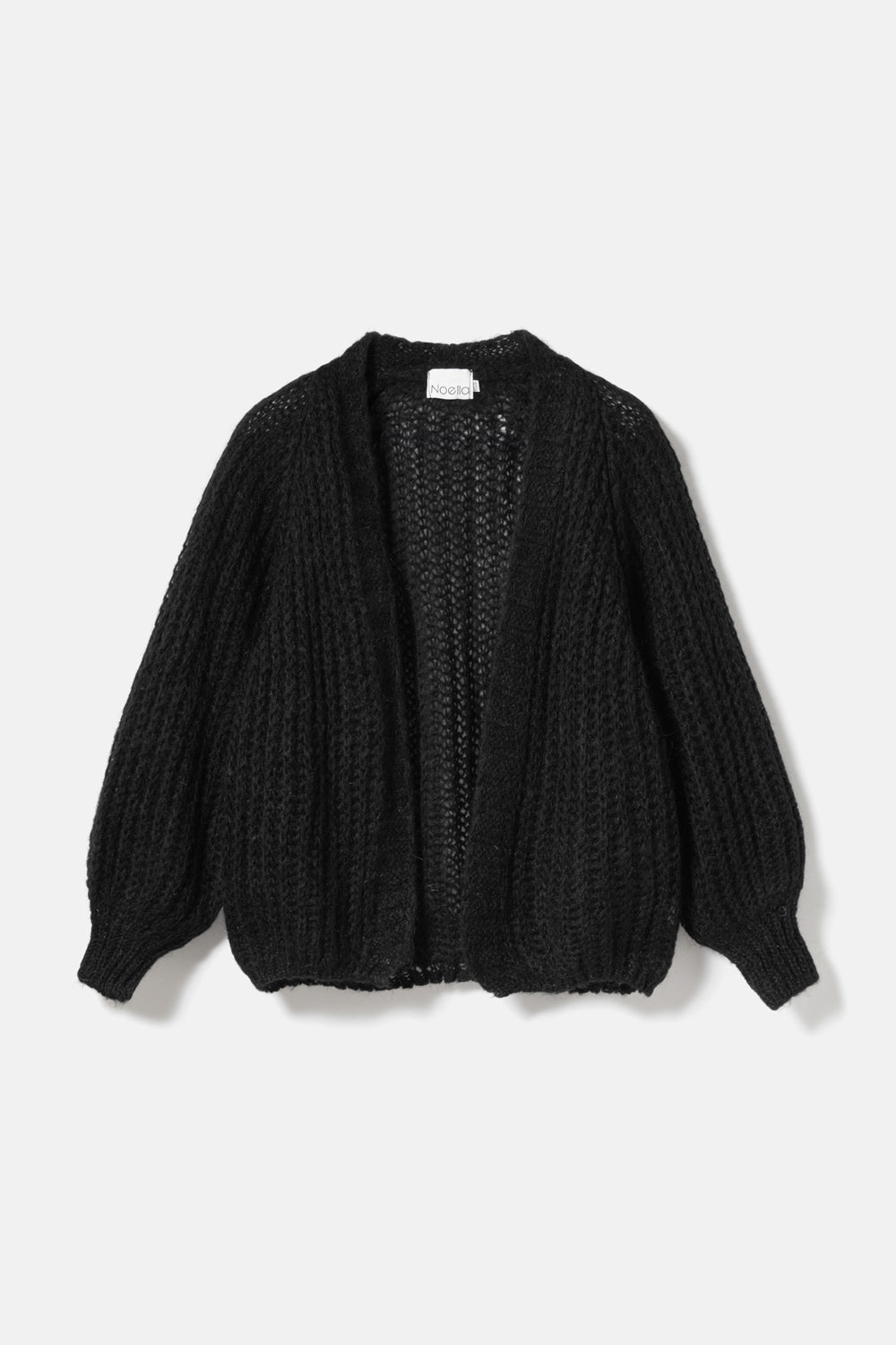 Noella Joseph Knit Cardigan Black. Black knit cardigan on a light gray background