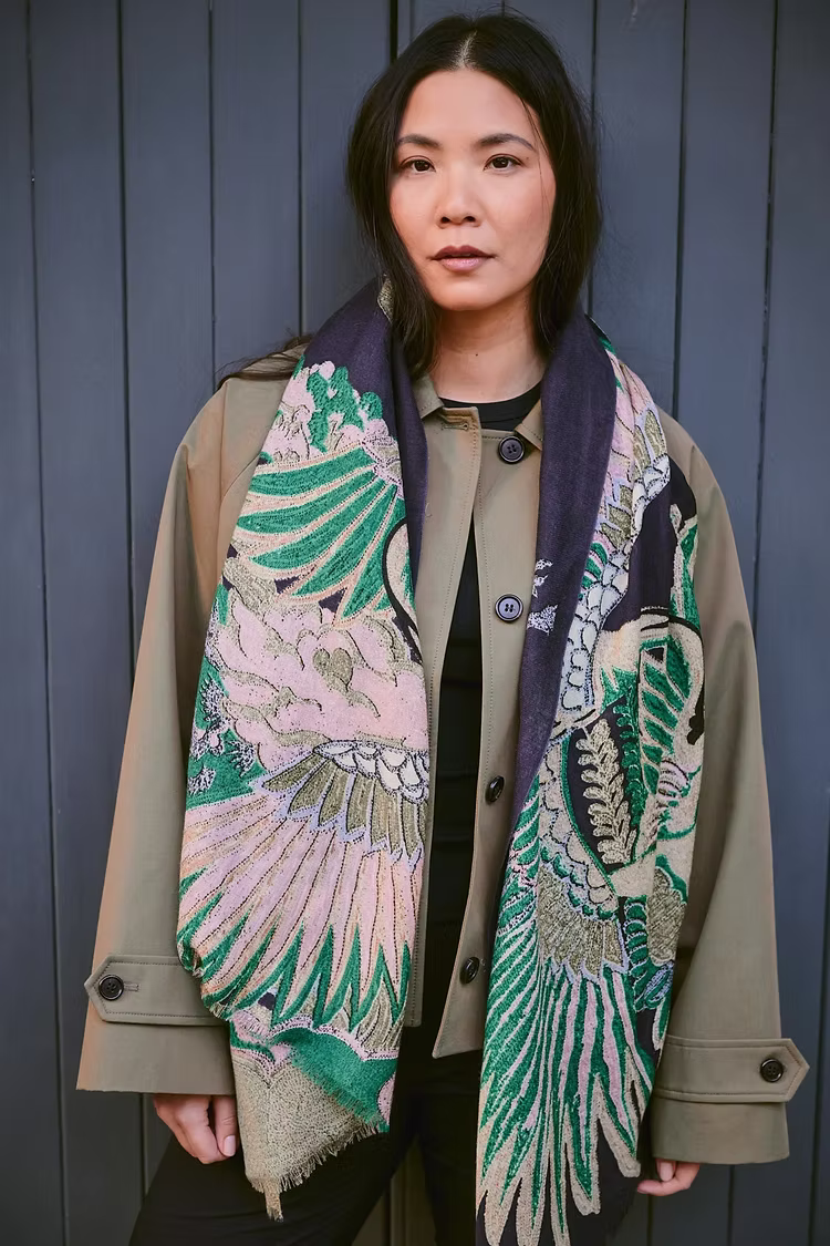 One Hundred Stars Crane Emerald Wool Scarf