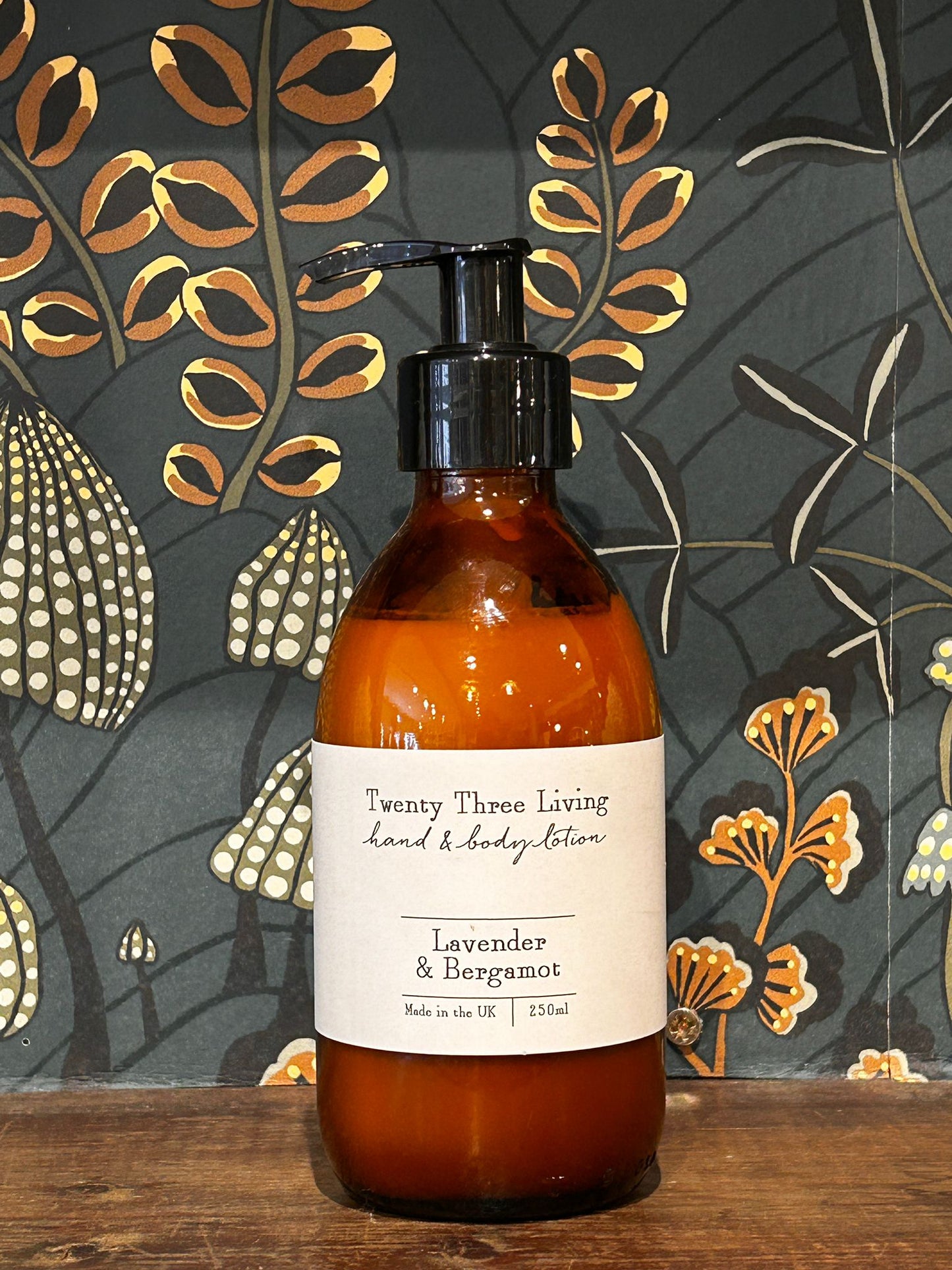 Twenty Three Living's Lavender & Bergamot Hand & body Lotion in amber glass reusable bottle 250ml