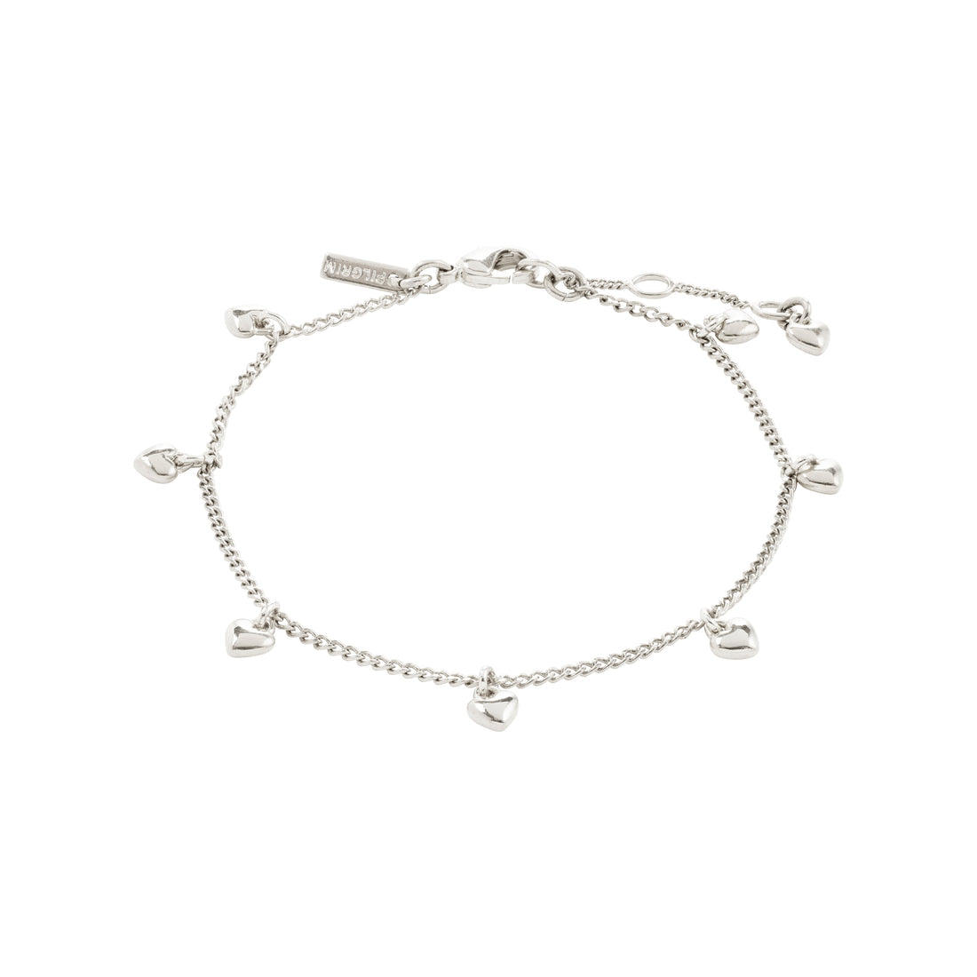 Pilgrim ALAIA bracelet silver-plated. Silver bracelet with heart-shaped charms on a white background