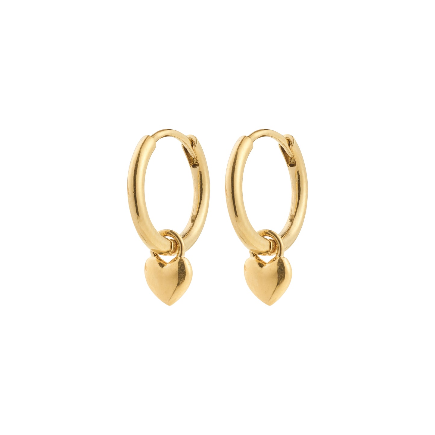 Pilgrim ALAIA earrings gold-plated. Gold hoop earrings with heart charms on a white background