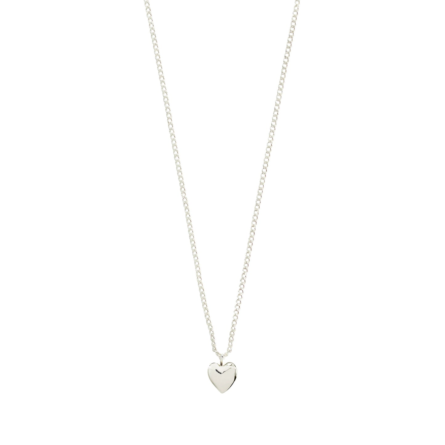 Pilgrim ALAIA necklace silver-plated. Silver heart-shaped pendant necklace on a white background