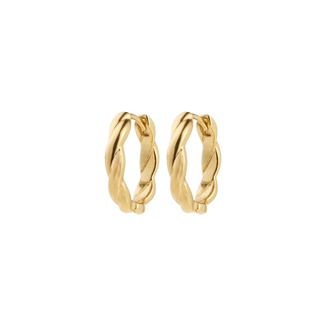 Pilgrim DECLAN earrings gold-plated. Pair of gold hoop earrings on a white background
