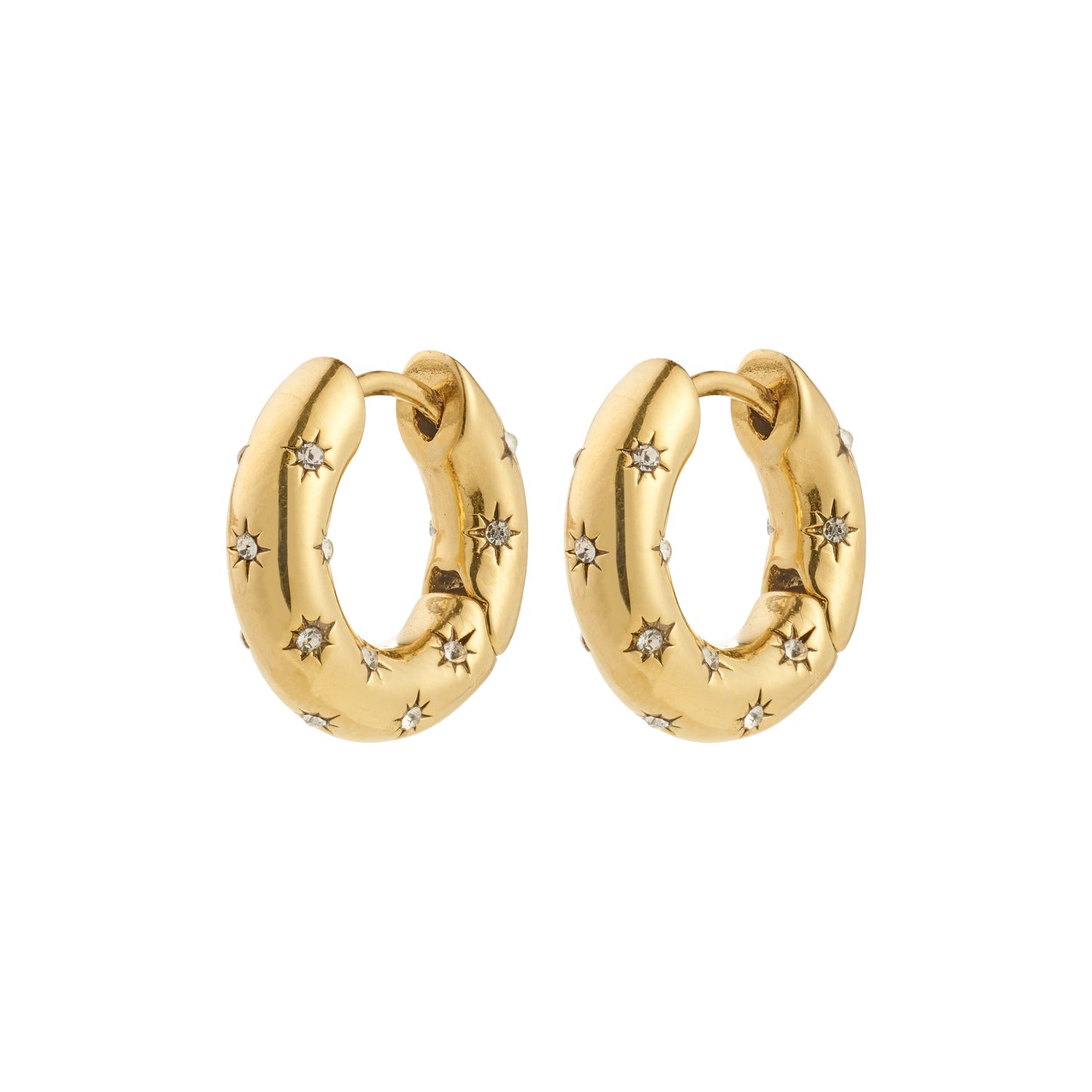 Pilgrim NEVAEH hoops gold-plated. Gold hoop earrings with star and diamond designs on a white background