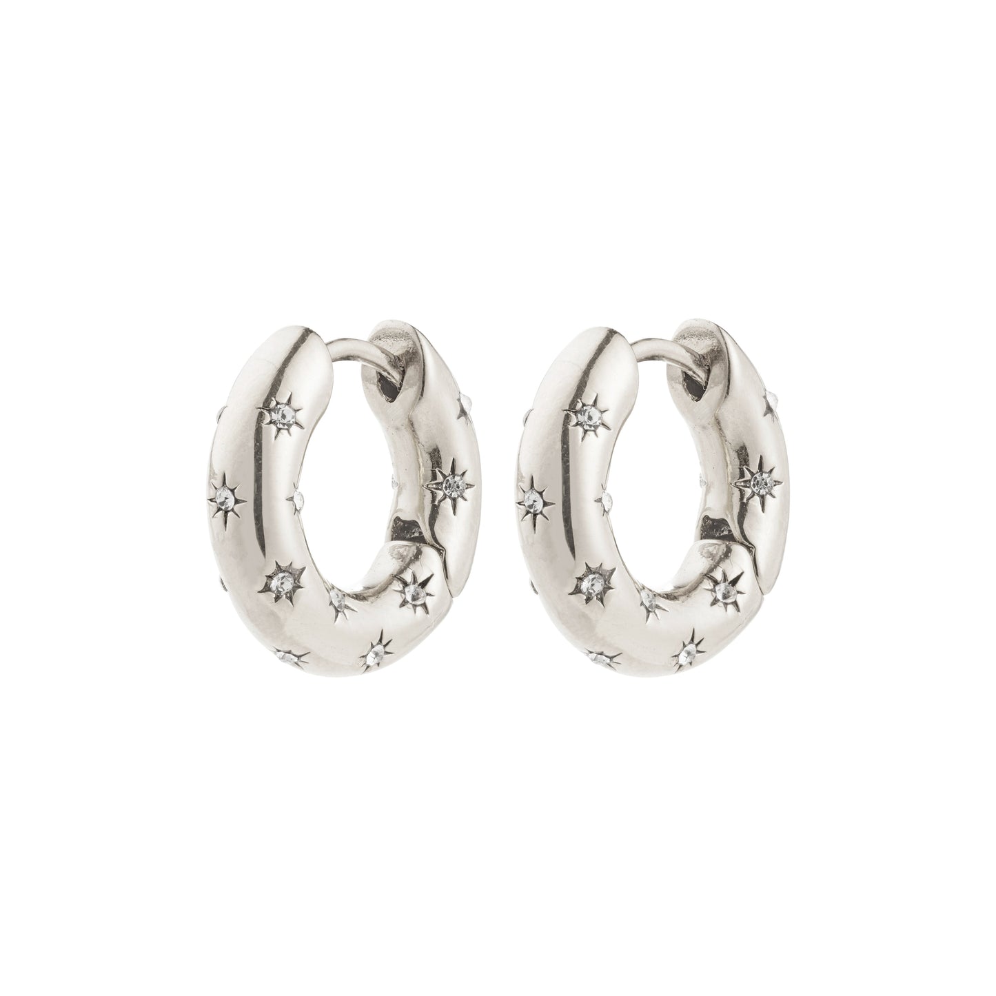 Pilgrim NEVAEH hoops silver-plated. Pair of silver hoop earrings with star designs on a white background