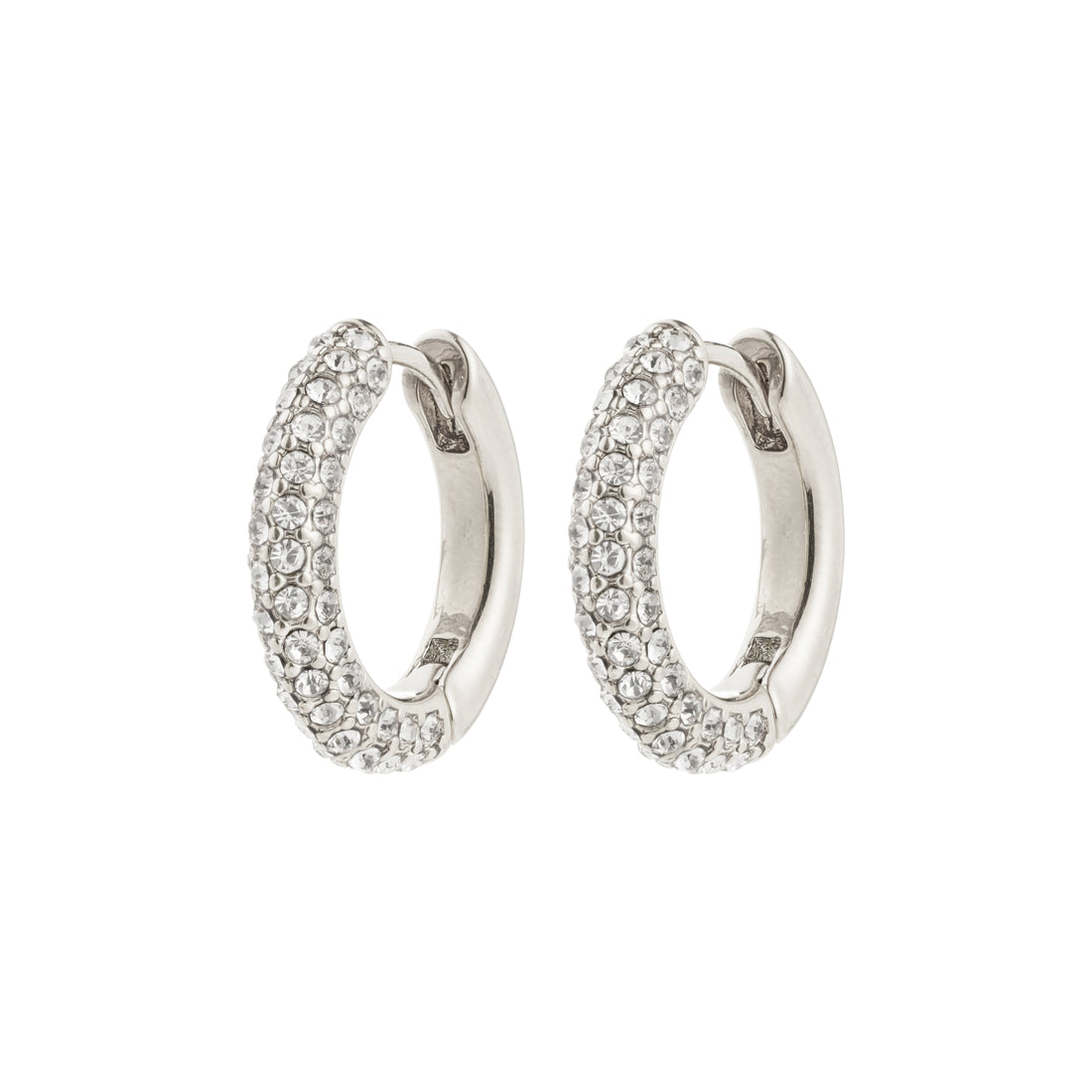Pilgrim TATUM medium hoops silver-plated.Silver hoop earrings with embedded stones on a white background