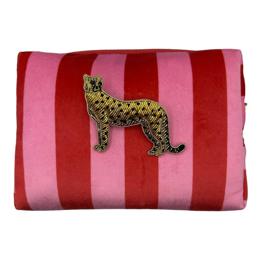Sixton London Pink stripe make-up bag & cheetah brooch - large