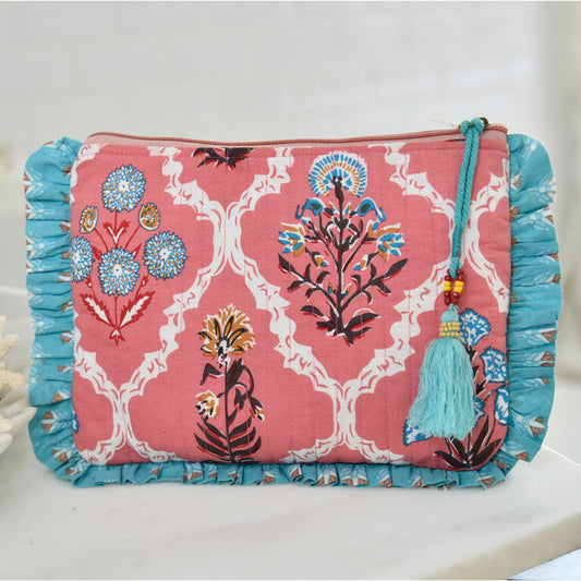 Pink Quilted Make Up bag with blue ruffle trim