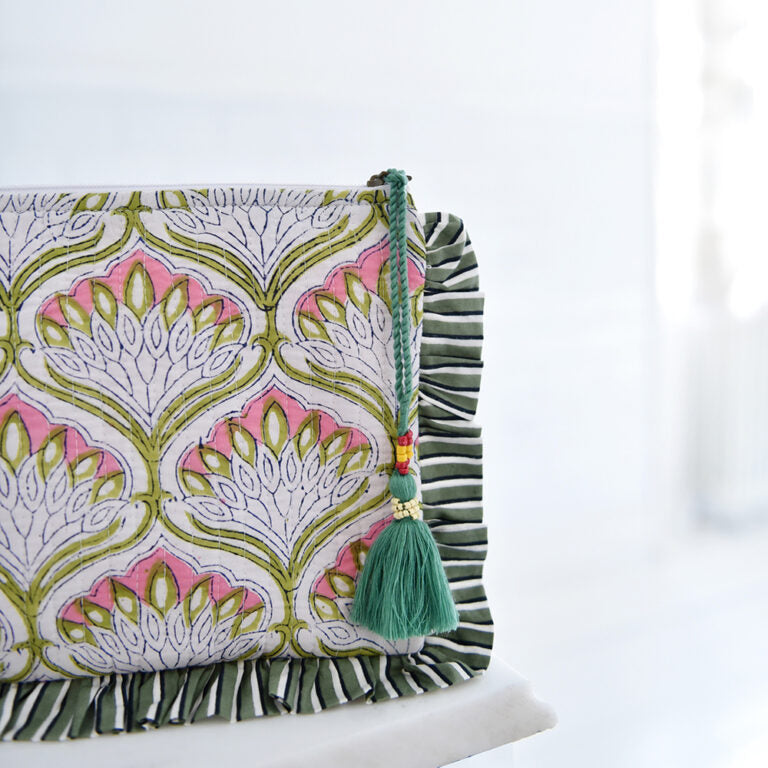 Powell Craft Green Ogee & Small Pink Block Print Quilted Make Up Bag With Green Stripe Ruffle Trim