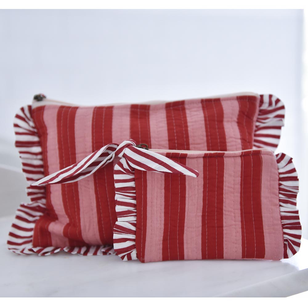 Powell Craft Pink & Red Lobster Print / Pink & Red Wide Stripe Print Quilted Make Up Bag