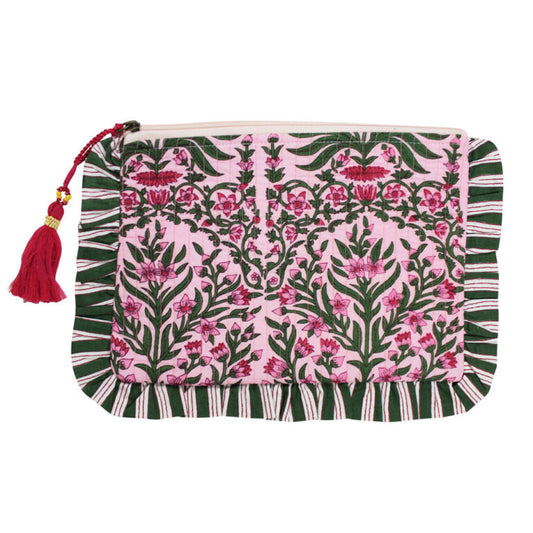 Powell Craft Pink & Green Damask Style Floral Print / Pink & White Tulip Block Print Quilted Make Up Bag