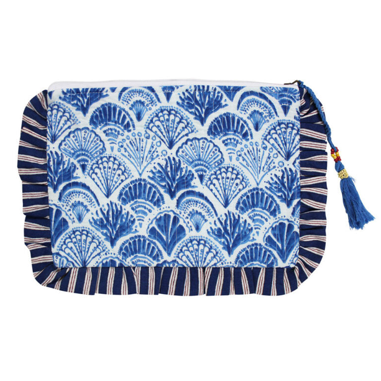Powell Craft Blue & White Wide Stripe / Seashell Print Quilted Make Up Bag