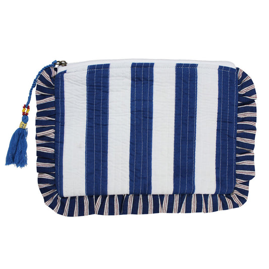 Powell Craft Blue & White Wide Stripe / Seashell Print Quilted Make Up Bag