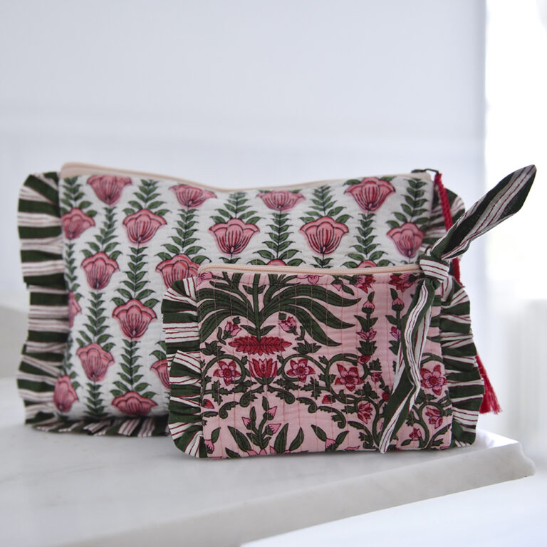 Powell Craft Pink & Green Damask Style Floral Print Small Purse