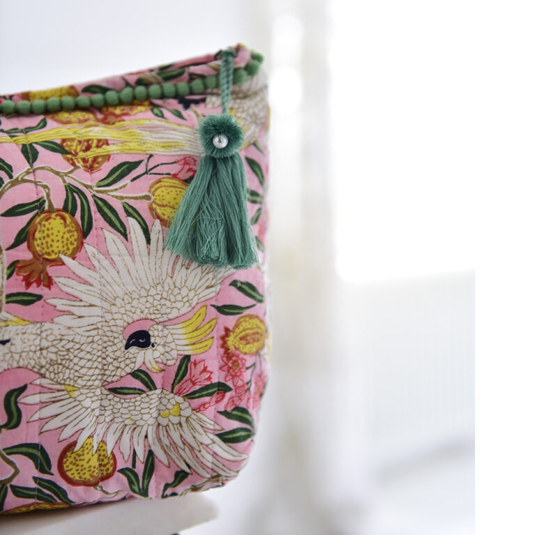 Powell Craft Pink Tropical Bird & Pomegranate Print Lined Wash Bag