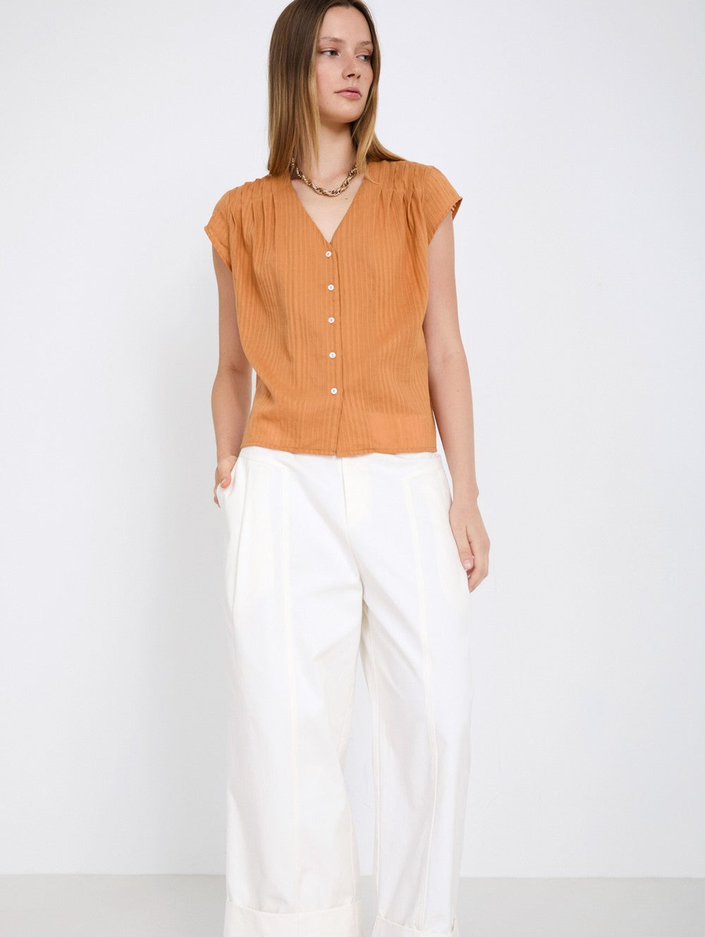 Skatie Pin-tucked Striped Blouse in Arabesque