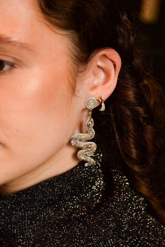 My Doris Beaded Silver Snake Earrings